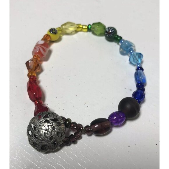Rainbow Bracelet Artisan Colorful Beads Round Toggle Clasp 7" Original OOAK - Picture 9 of 9